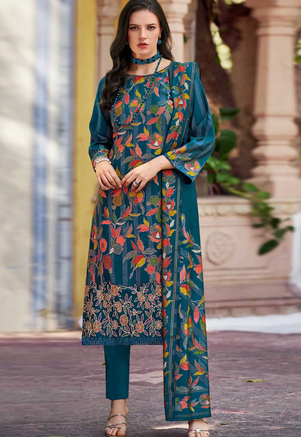 Digital Printed Muslin Silk Pakistani Suit in Teal Blue