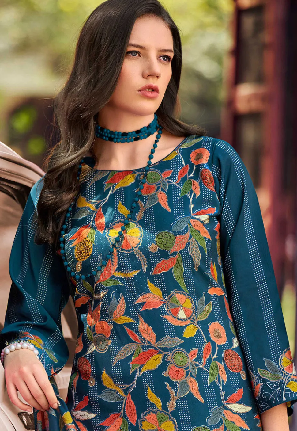 Digital Printed Muslin Silk Pakistani Suit in Teal Blue