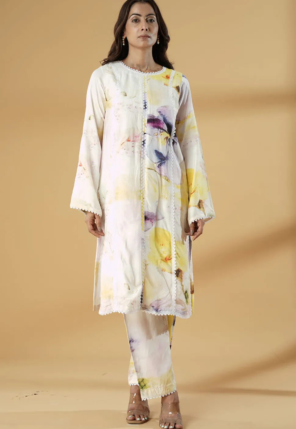 Digital Printed Muslin Silk Straight Kurta Set in Multicolor