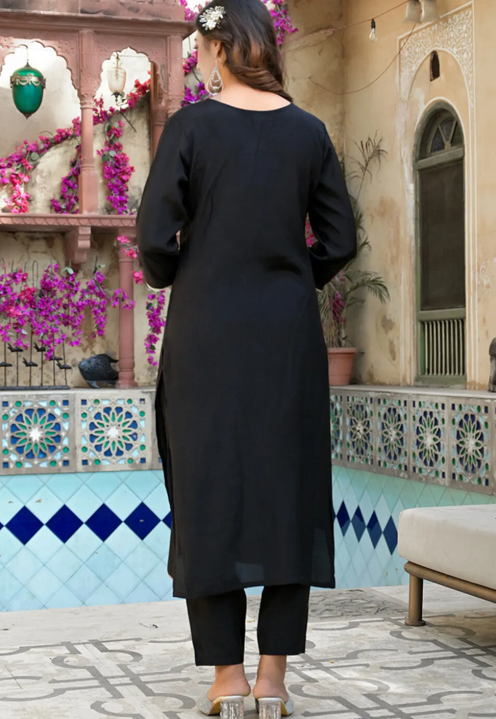 Digital Printed Muslin Silk Pakistani Suit in Black