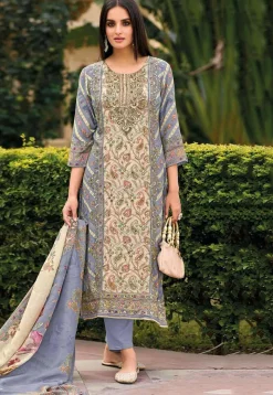 Digital Printed Muslin Silk Pakistani Suit in Beige and Purple