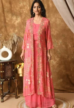 Digital Printed Muslin Silk Crop Top Set in Pink