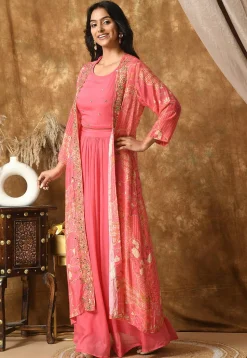 Digital Printed Muslin Silk Crop Top Set in Pink