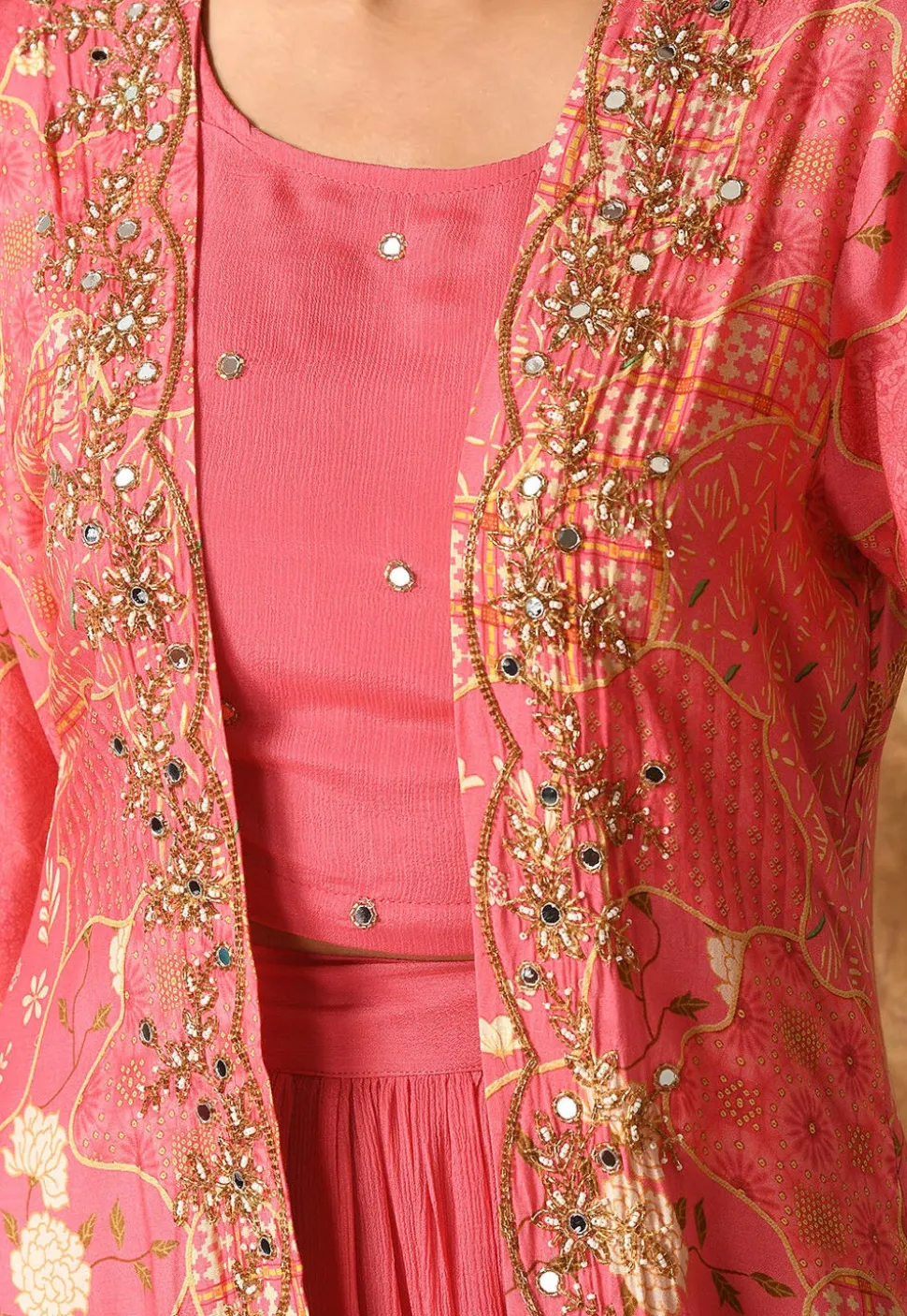 Digital Printed Muslin Silk Crop Top Set in Pink