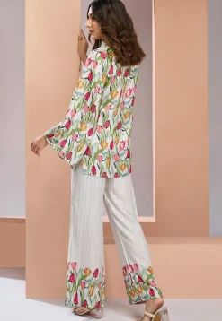 Digital Printed Muslin Silk Top Set in Off White