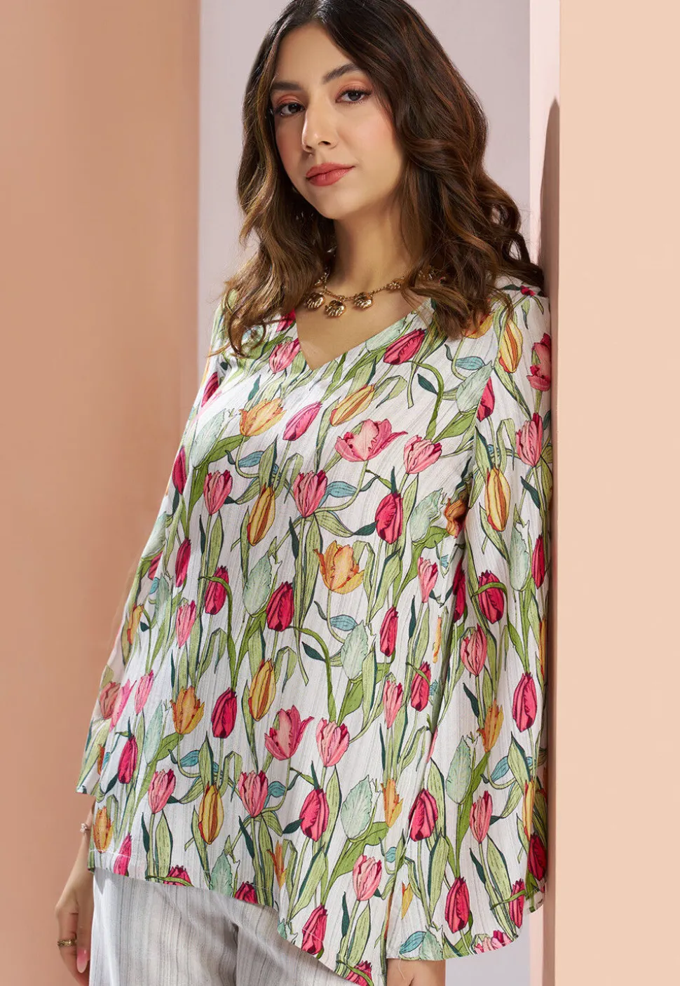 Digital Printed Muslin Silk Top Set in Off White