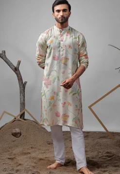 Digital Printed Muslin Silk Kurta Set in Off White