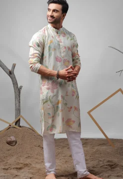 Digital Printed Muslin Silk Kurta Set in Off White