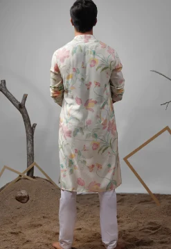 Digital Printed Muslin Silk Kurta Set in Off White