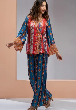Digital Printed Muslin Silk Wrap Top Set in Red