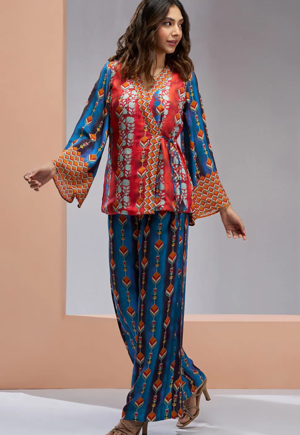 Digital Printed Muslin Silk Wrap Top Set in Red