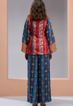 Digital Printed Muslin Silk Wrap Top Set in Red