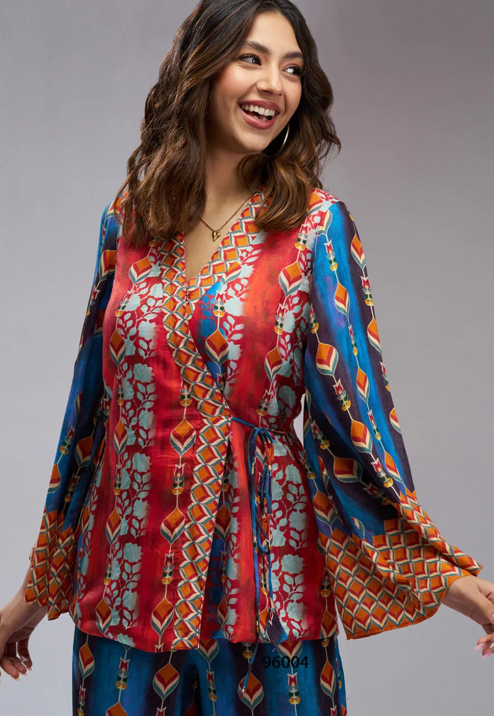 Digital Printed Muslin Silk Wrap Top Set in Red