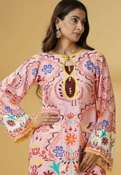Digital Printed Muslin Silk Straight Kurti Set in Pink
