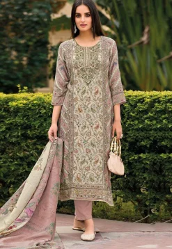 Digital Printed Muslin Silk Pakistani Suit in Beige and Pink