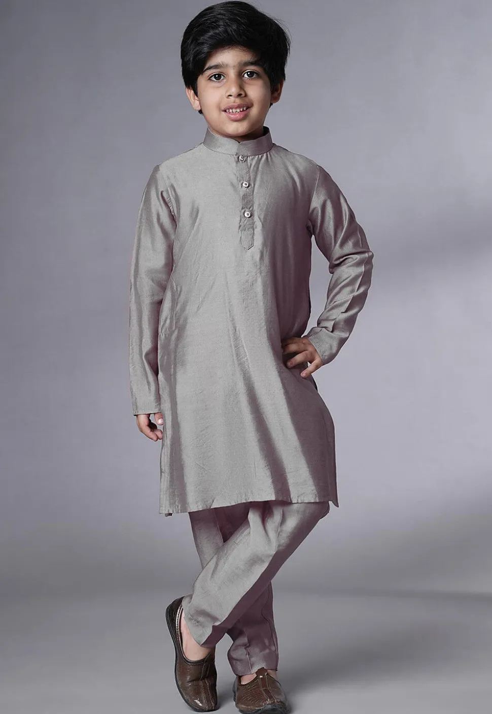Digital Printed Muslin Silk Kurta Set in Grey