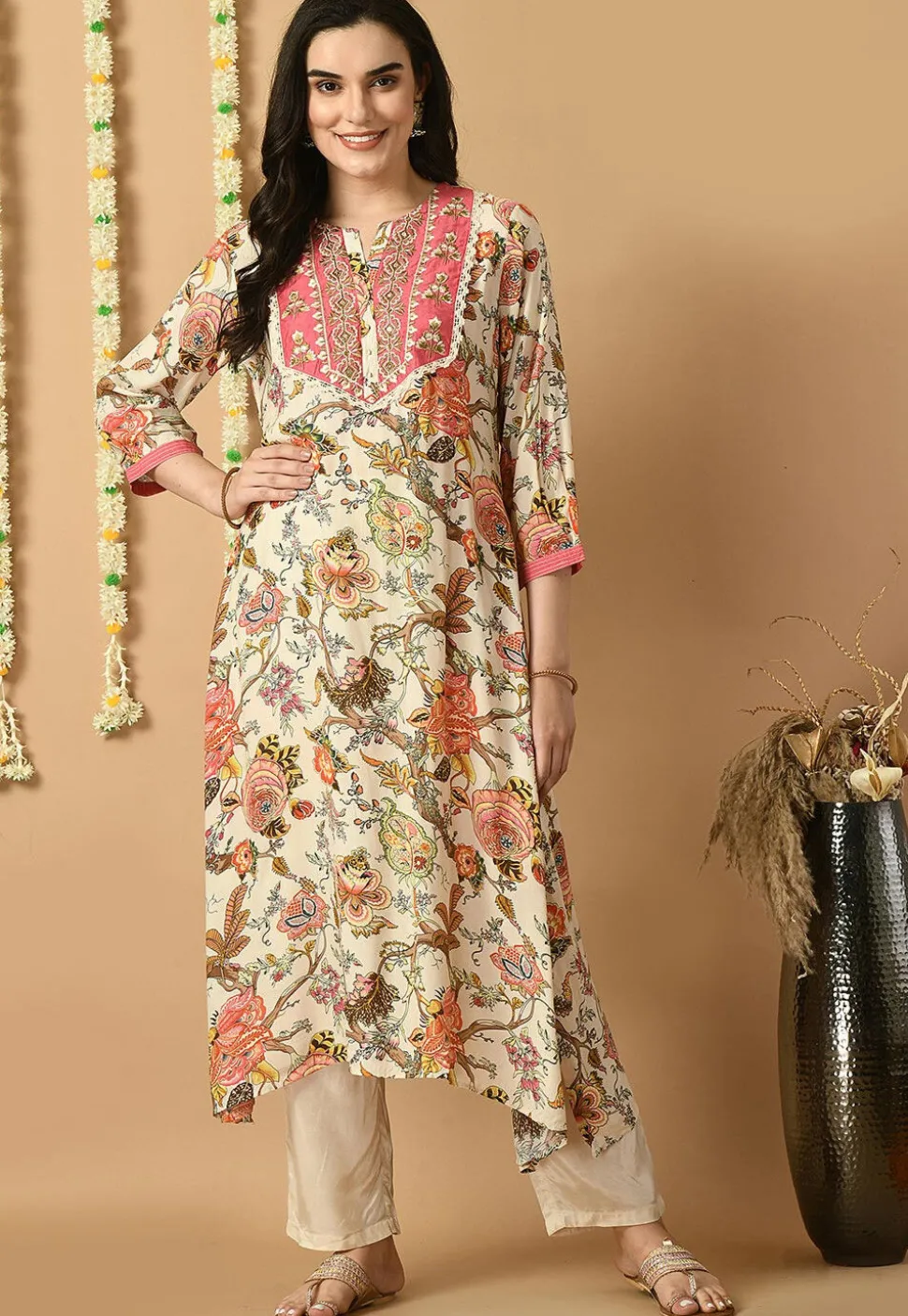 Digital Printed Muslin Silk A Line Kurta Set in Cream