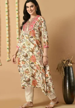 Digital Printed Muslin Silk A Line Kurta Set in Cream