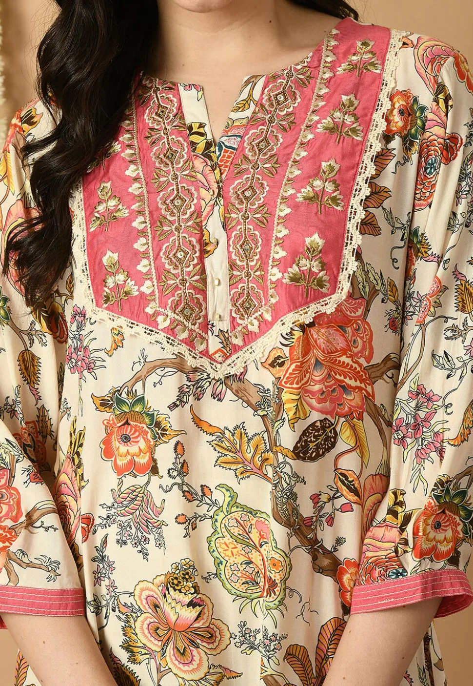 Digital Printed Muslin Silk A Line Kurta Set in Cream