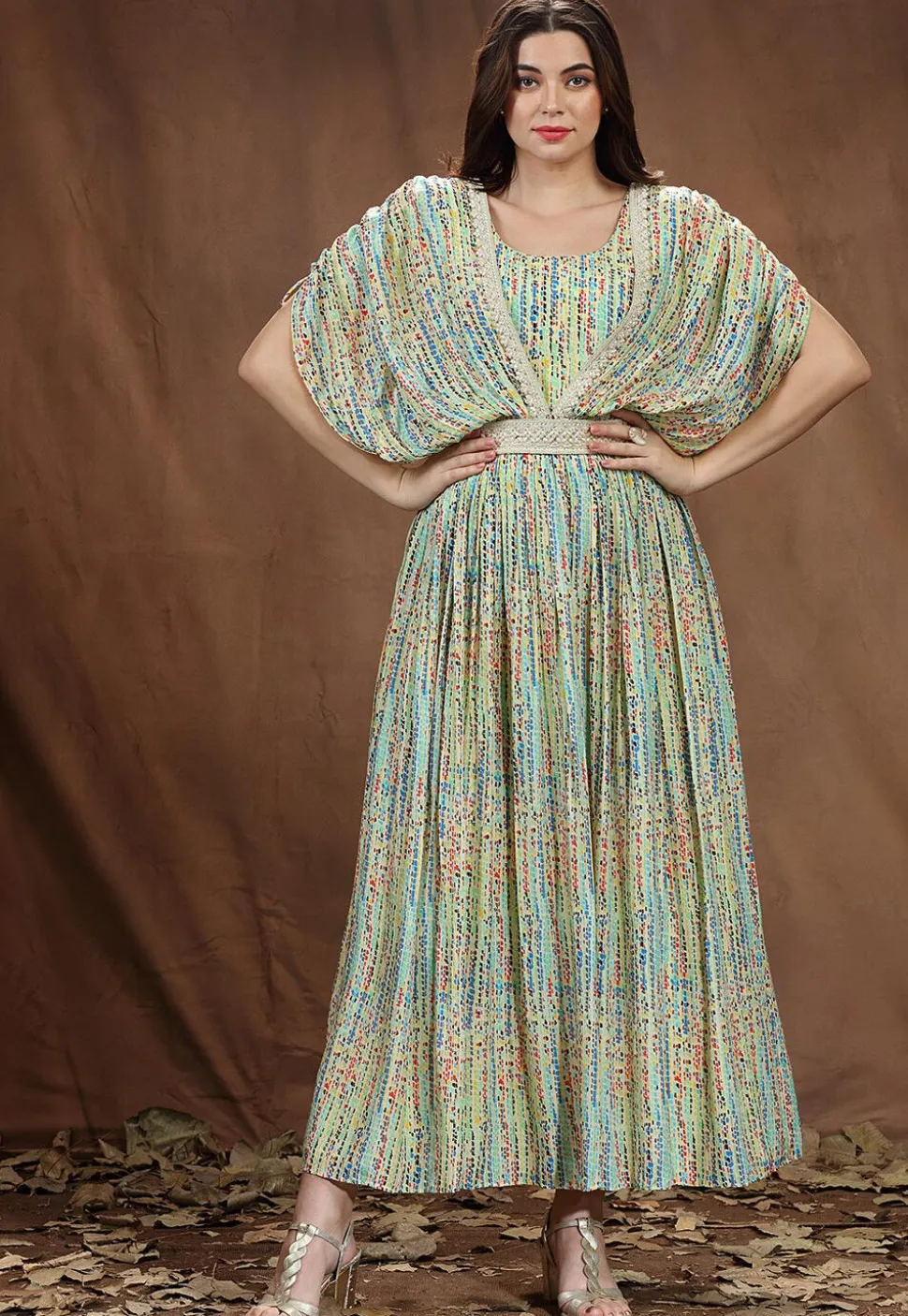 Digital Printed Muslin Silk Long Flared Dress in Multicolor