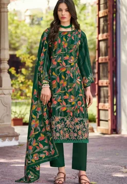 Digital Printed Muslin Silk Pakistani Suit in Dark Green