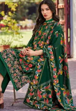 Digital Printed Muslin Silk Pakistani Suit in Dark Green
