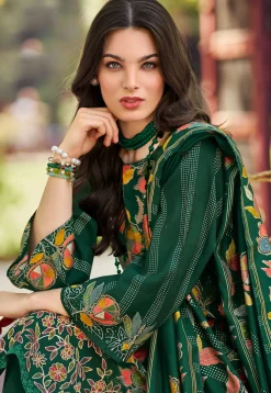 Digital Printed Muslin Silk Pakistani Suit in Dark Green