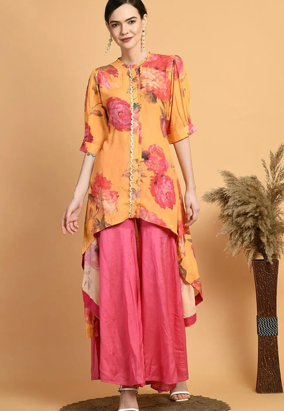 Digital Printed Muslin Silk High Low Kurta Set in Mustard
