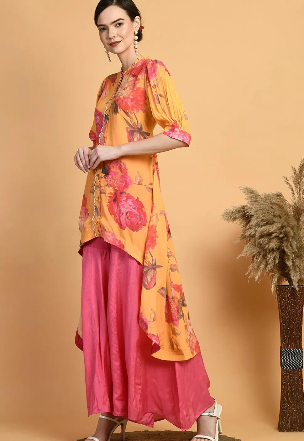 Digital Printed Muslin Silk High Low Kurta Set in Mustard