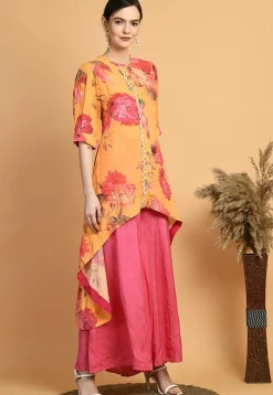 Digital Printed Muslin Silk High Low Kurta Set in Mustard