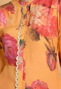Digital Printed Muslin Silk High Low Kurta Set in Mustard