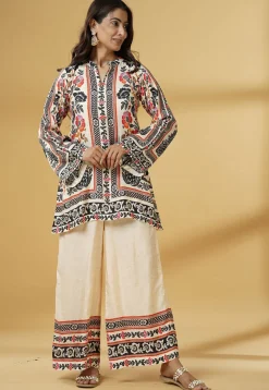 Digital Printed Muslin Silk A Line Kurti Set in Cream
