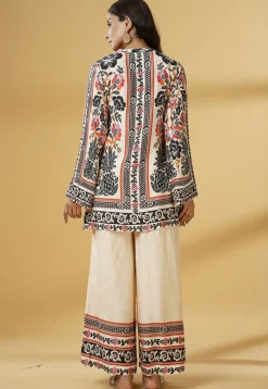 Digital Printed Muslin Silk A Line Kurti Set in Cream
