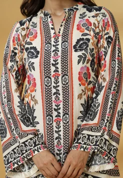 Digital Printed Muslin Silk A Line Kurti Set in Cream