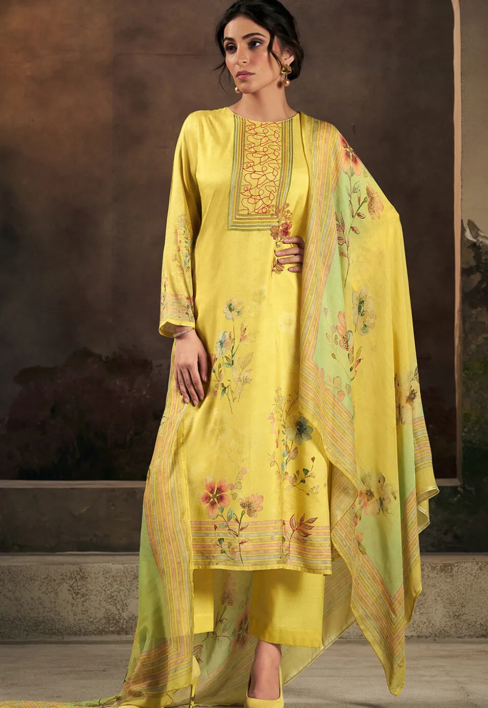 Digital Printed Muslin Silk Pakistani Suit in Yellow