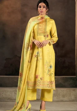 Digital Printed Muslin Silk Pakistani Suit in Yellow