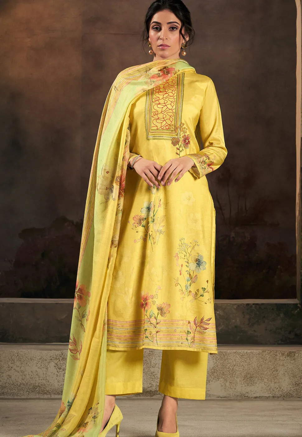 Digital Printed Muslin Silk Pakistani Suit in Yellow
