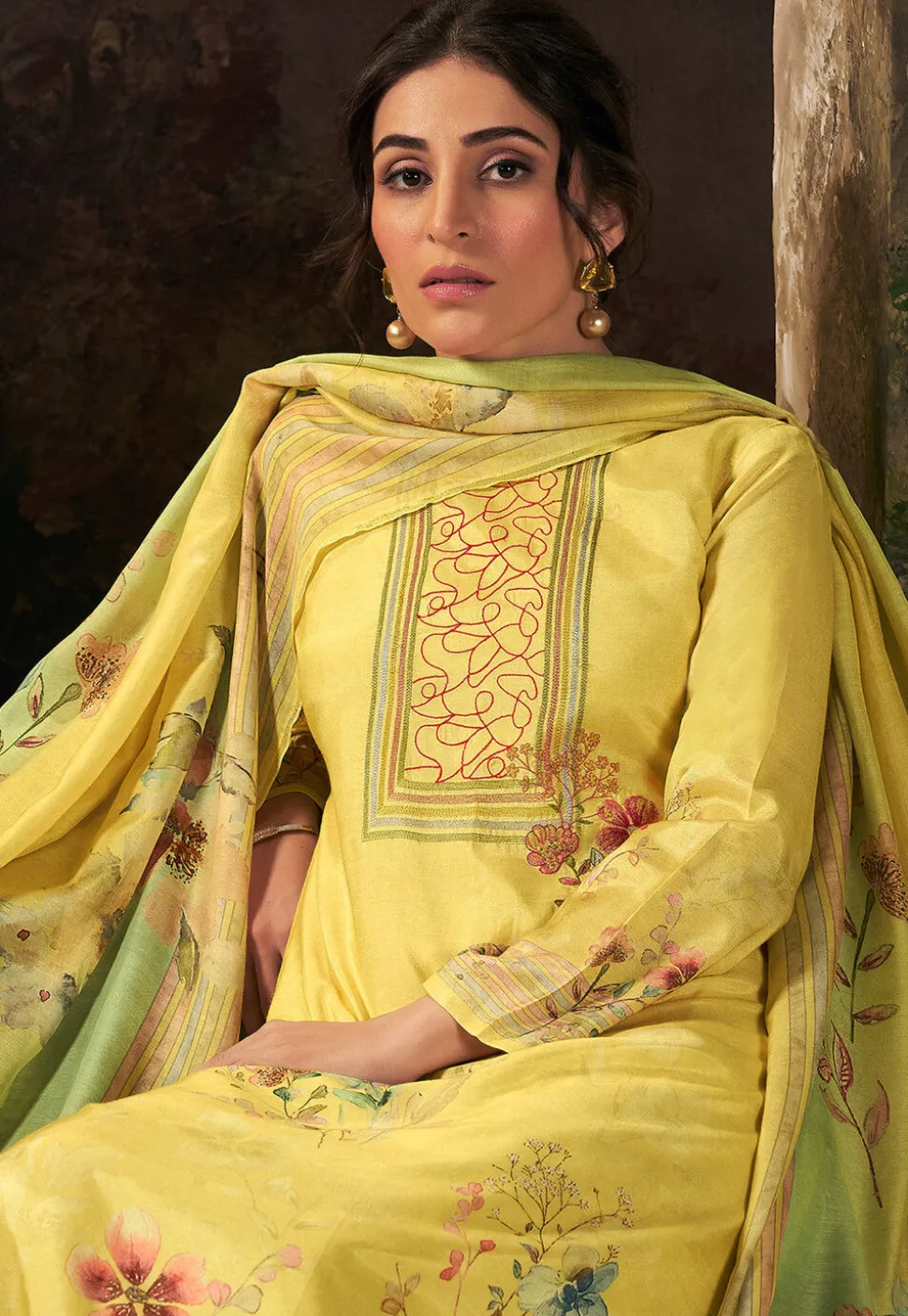 Digital Printed Muslin Silk Pakistani Suit in Yellow