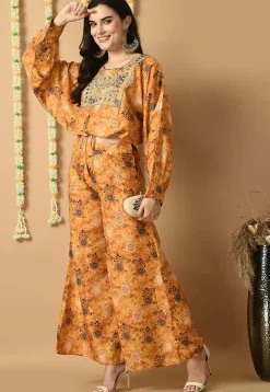 Digital Printed Muslin Silk Crop Top Set in Mustard