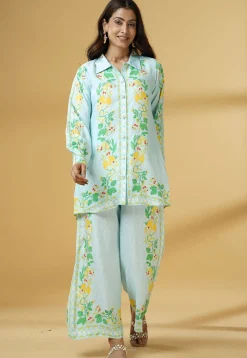 Digital Printed Muslin Silk Shirt Style Top Set in Sky Blue