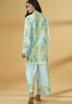 Digital Printed Muslin Silk Shirt Style Top Set in Sky Blue