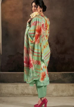 Digital Printed Muslin Silk Pakistani Suit in Light Green