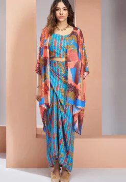 Digital Printed Muslin Silk Crop Top Set in Blue
