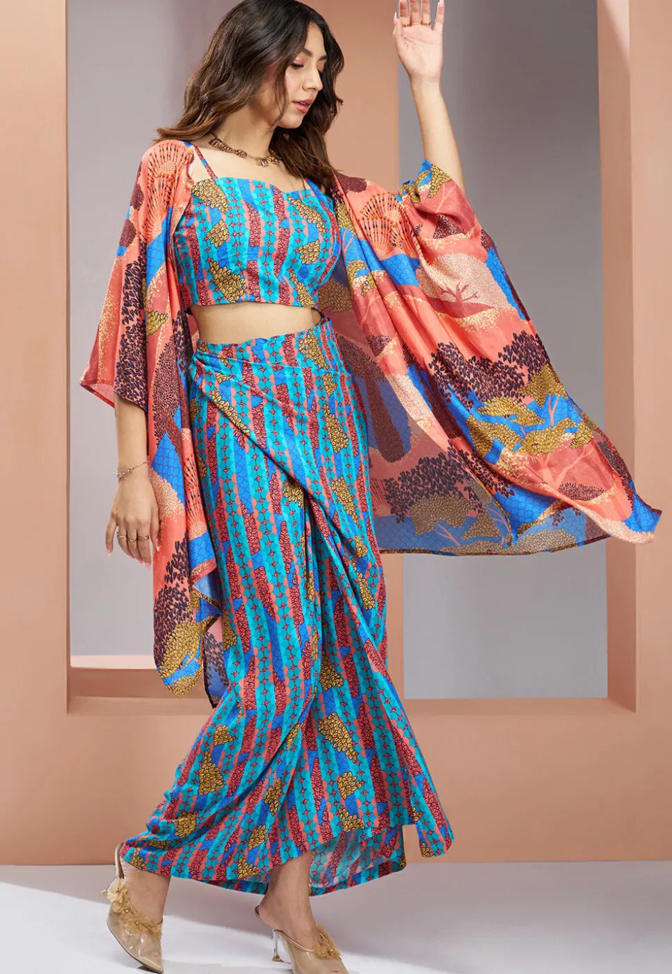 Digital Printed Muslin Silk Crop Top Set in Blue