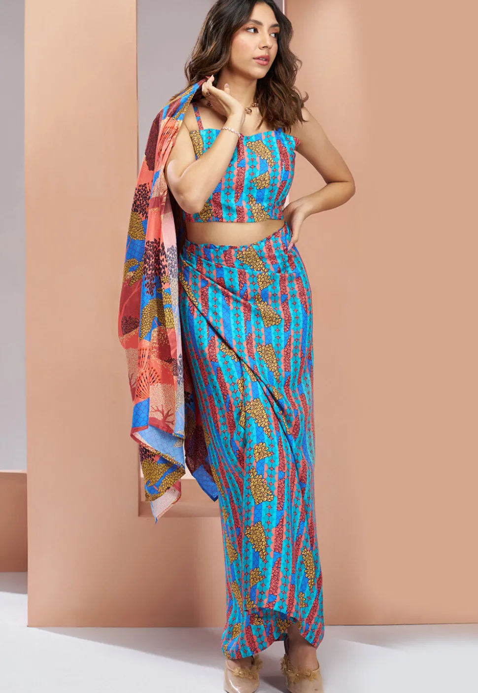 Digital Printed Muslin Silk Crop Top Set in Blue