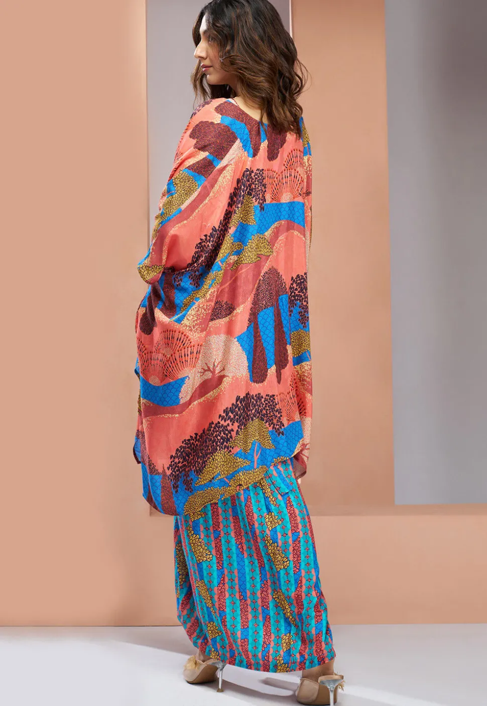 Digital Printed Muslin Silk Crop Top Set in Blue