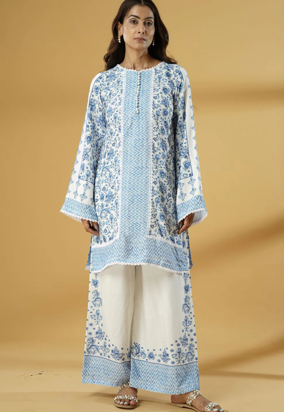 Digital Printed Muslin Silk Straight Kurti Set in White and Blue