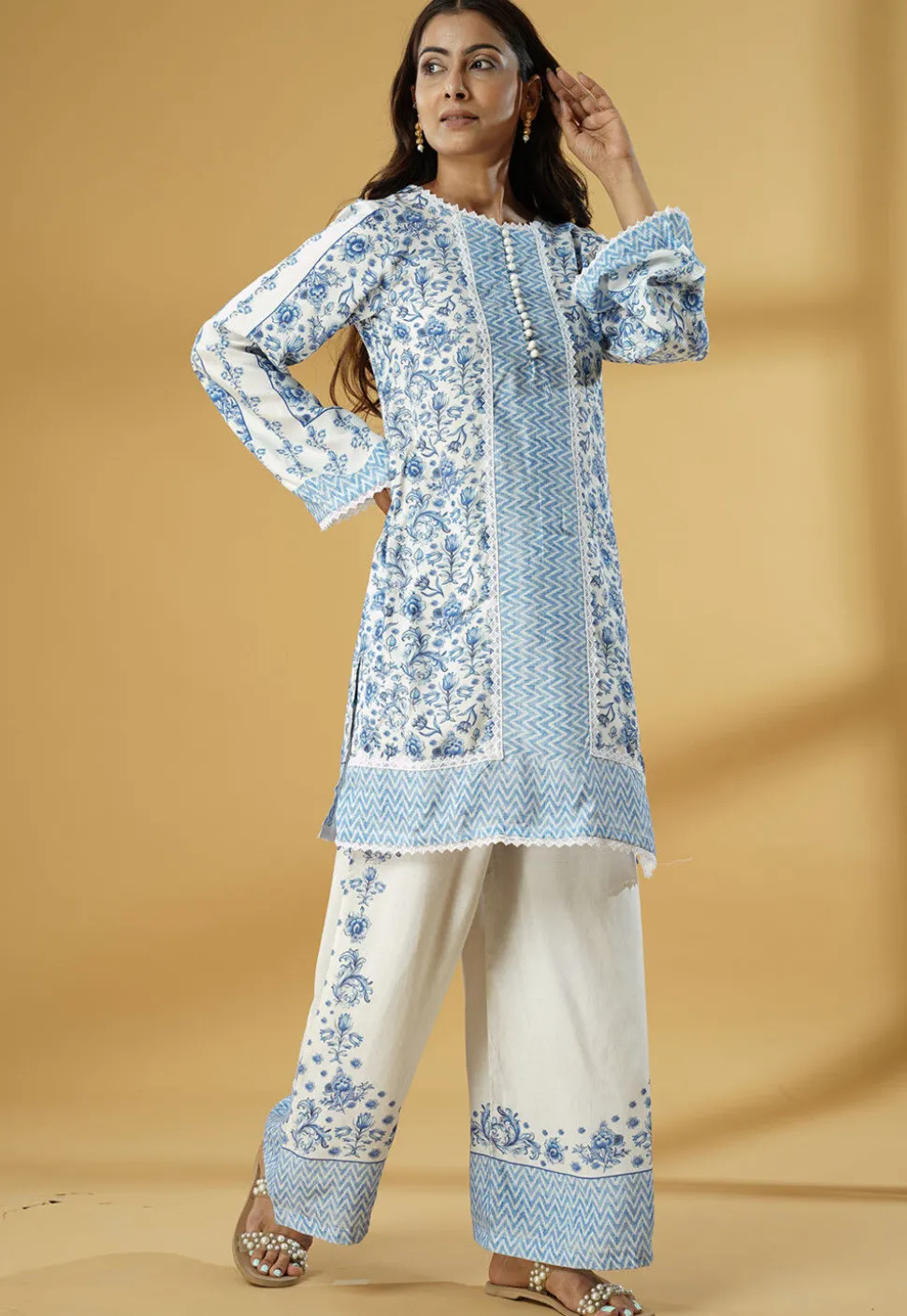 Digital Printed Muslin Silk Straight Kurti Set in White and Blue