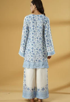 Digital Printed Muslin Silk Straight Kurti Set in White and Blue