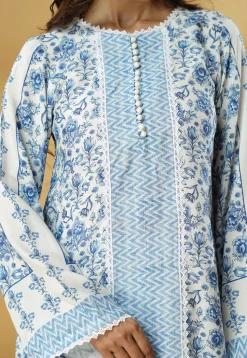 Digital Printed Muslin Silk Straight Kurti Set in White and Blue
